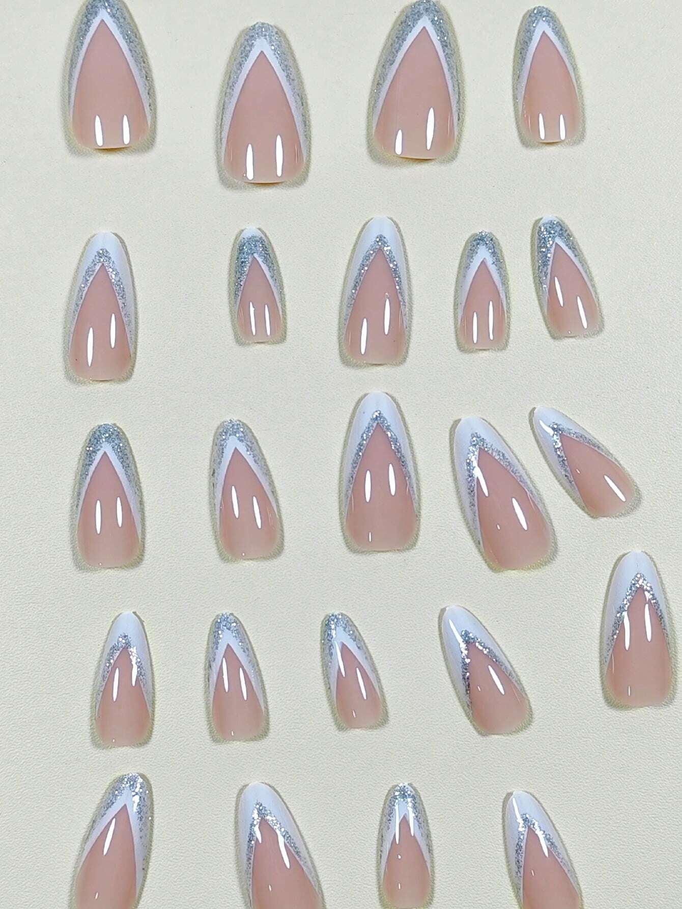 24Pcs/Set Sparkling French Style Almond Shape Medium-Long False Nails for Finger with Adhesive Tabs, Manicure Set
