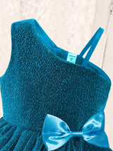 Young Girl Asymmetrical Neck Bow Front Mesh Overlay Dress