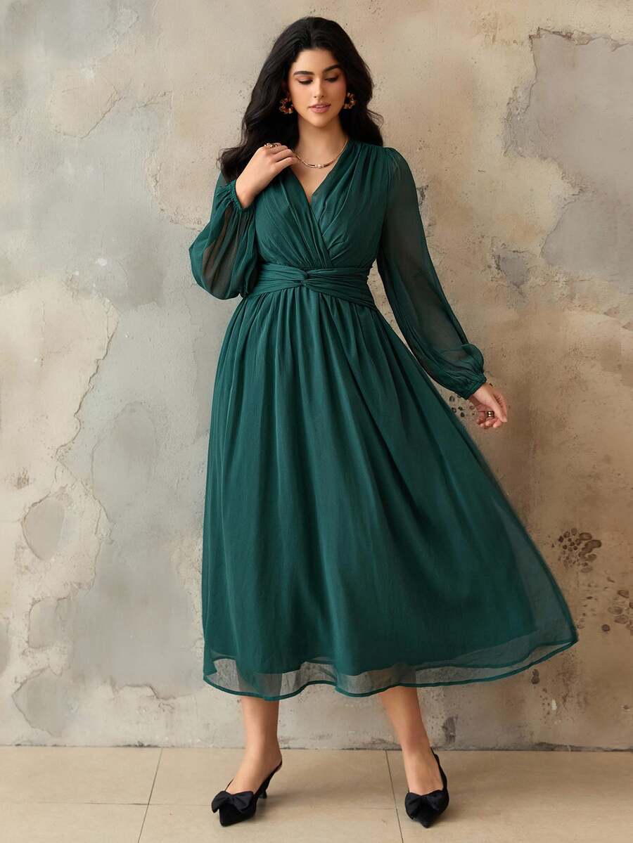 SHEIN Roveilla فستان شيفون مطوي بخصر لف وأكمام فانوس شفافة