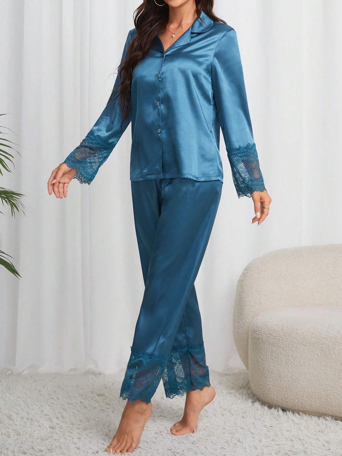 Women'S Teal Lace Paneling Long Sleeve Pants Pajama Set