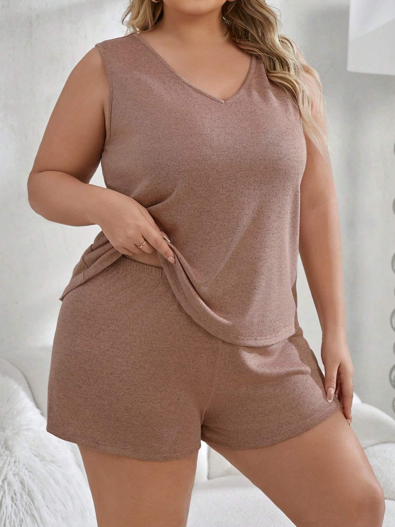 Plus Size V-Neck Tank Top and Shorts Casual Sleepwear Set