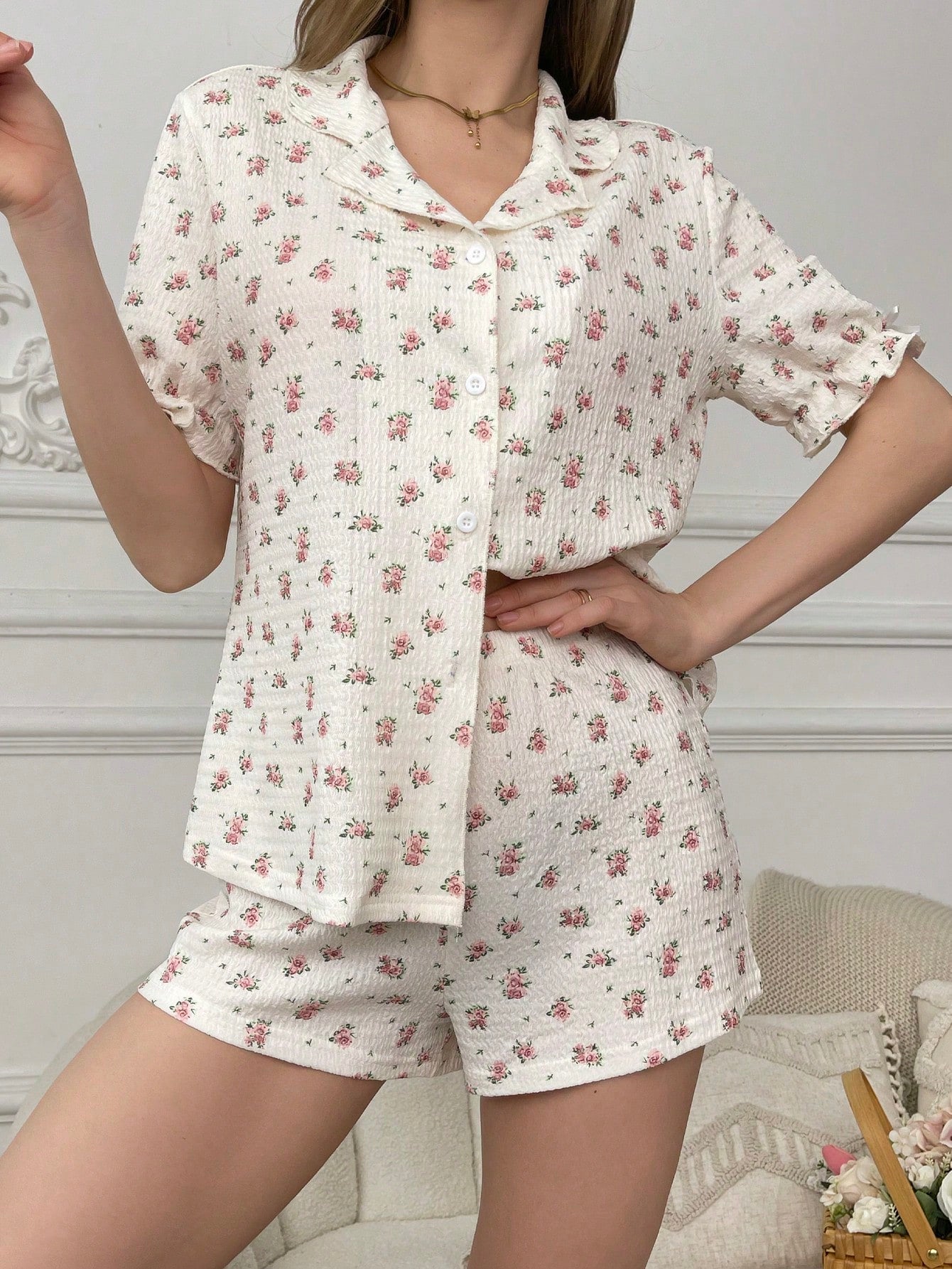 Floral Print Turn-Down Collar Top and Shorts Pajama Set