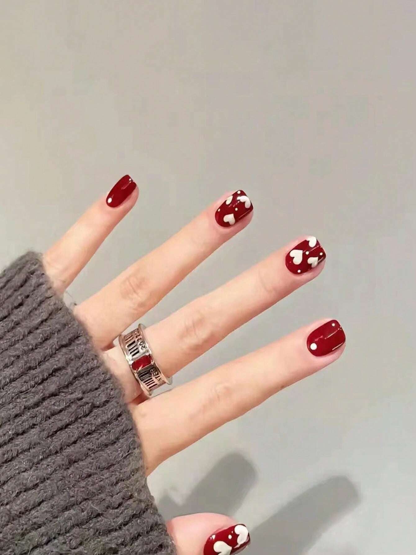 Elevate Your Style with 24Pcs Short Square Bright Red White Heart Pattern Full Cover Fake Nail Set