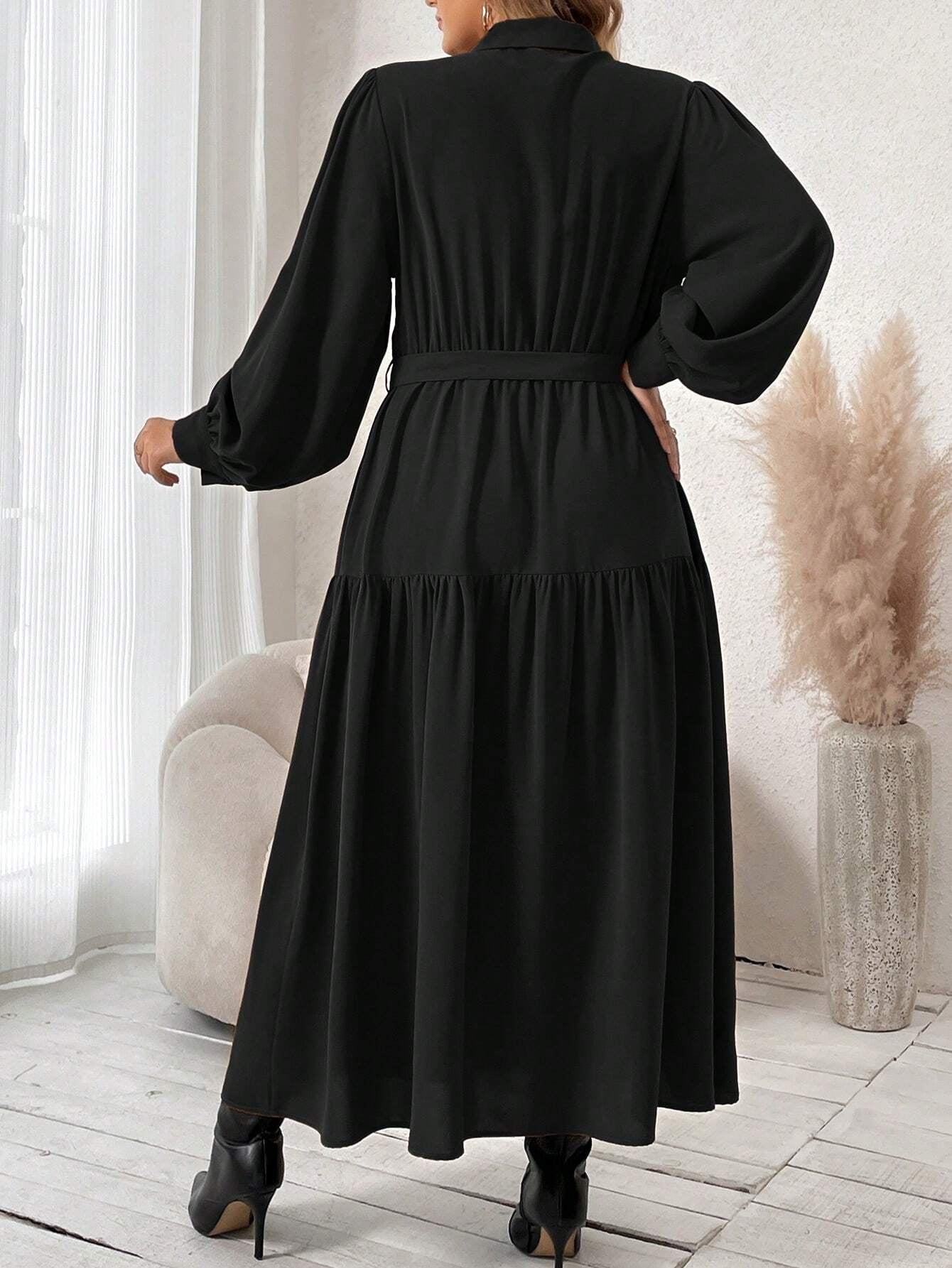 Frenchy plus Lantern Sleeve Ruffle Hem Belted Shirt Dress