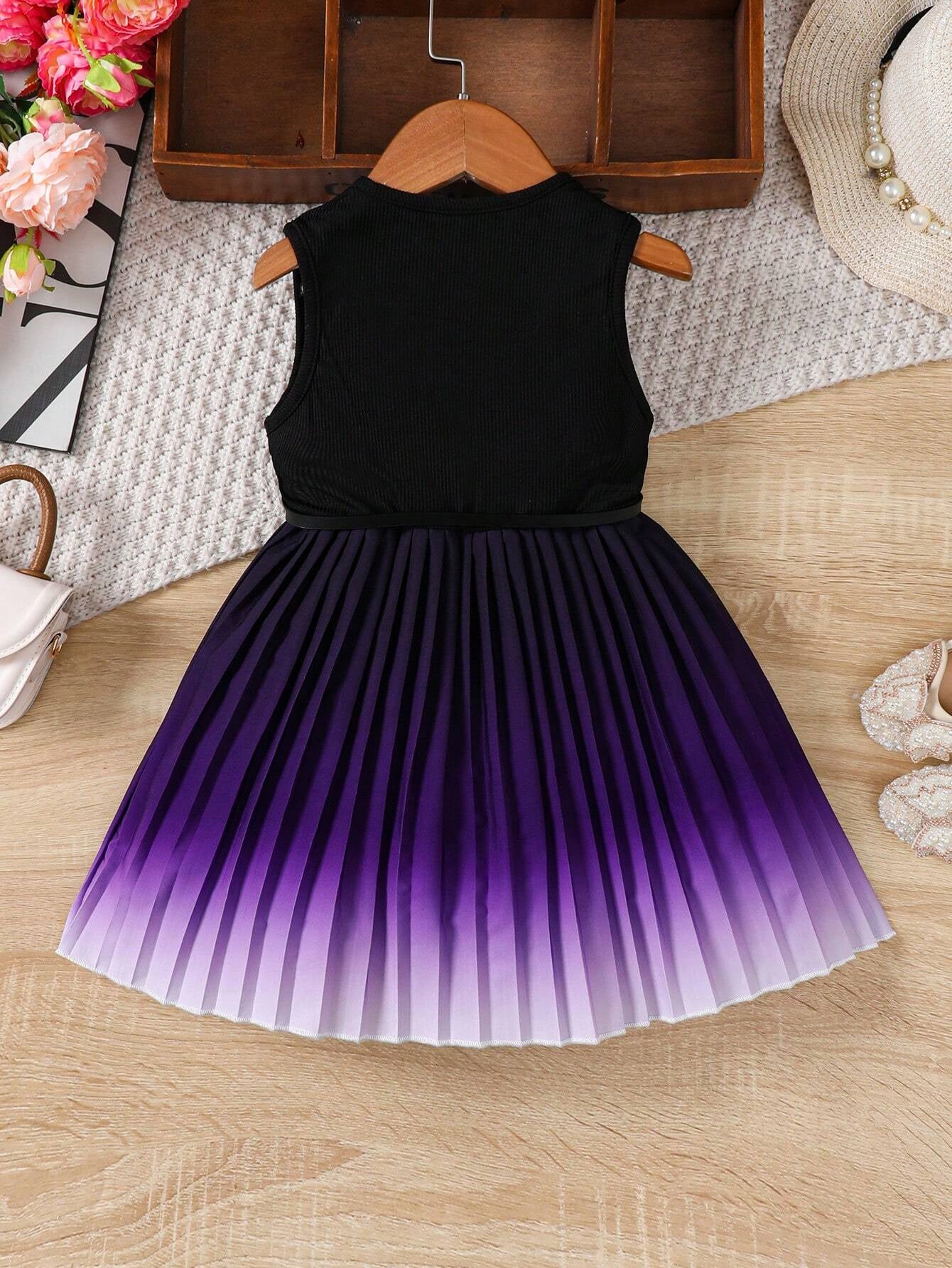 Young Girl Gradient Colorblock Pleated Hem Sleeveless Dress for Summer