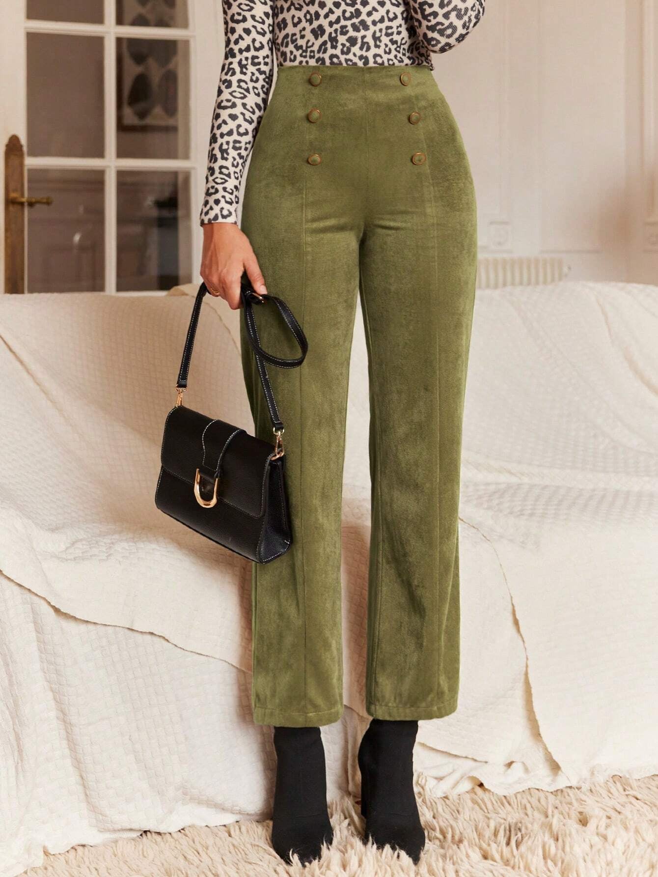 Frenchy High-Waisted Straight Leg Pants with Double Breasted Decoration