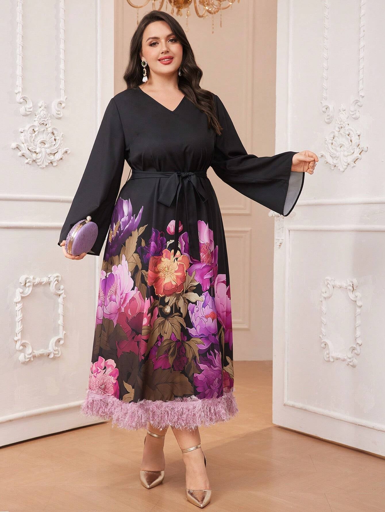 Modely plus Size Flower Print Contrast Plush Hem Belted Dress with Flared Sleeves and Ribbon Decoration