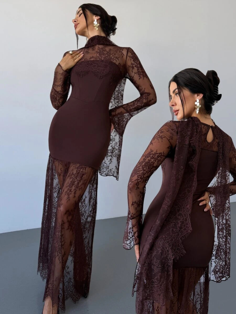 SHEIN Firerie فستان بني بأكمام طويلة وتفاصيل دانتيل وشريط شفاف