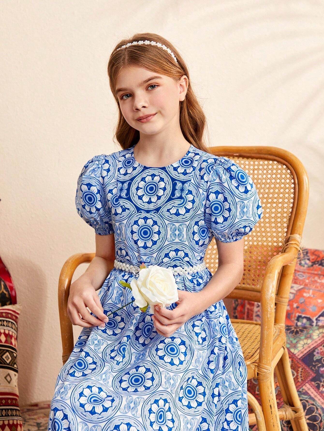 Tween Girls' Gorgeous round Neck Long Floral Patchwork Dress