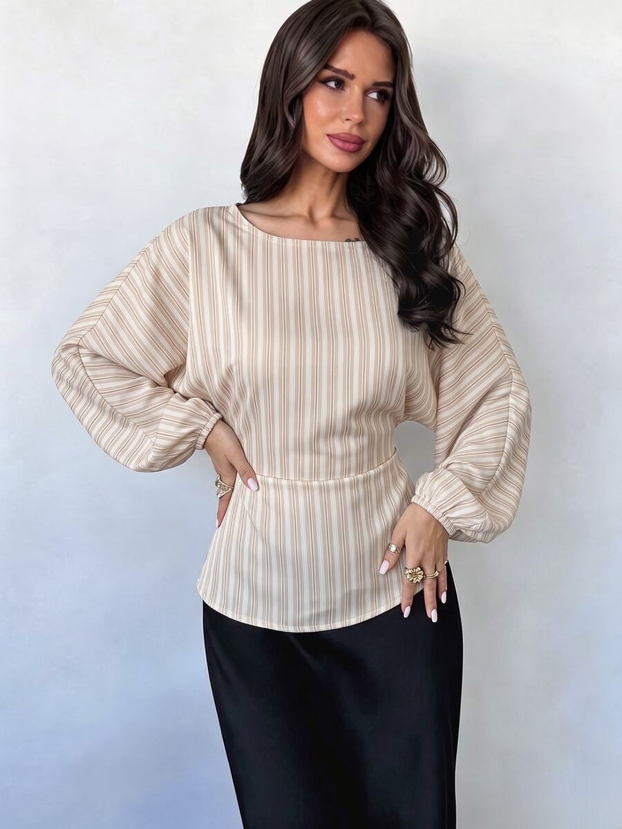 SHEIN Firerie بلوزة نسائية مخططة بياقة دائرية وأكمام جناح الخفاش