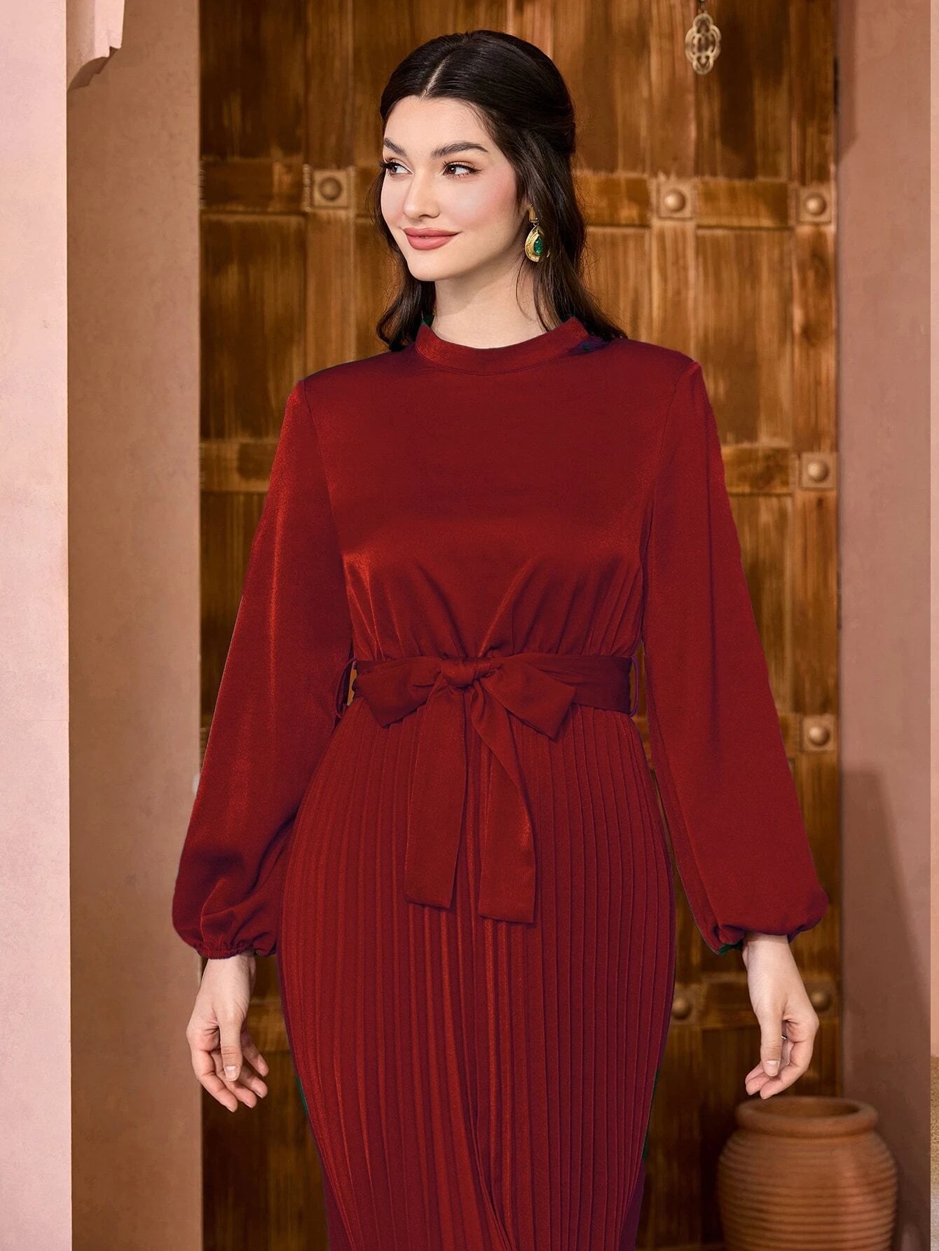 Mulvari Women'S Lantern Sleeve Pleated Dress