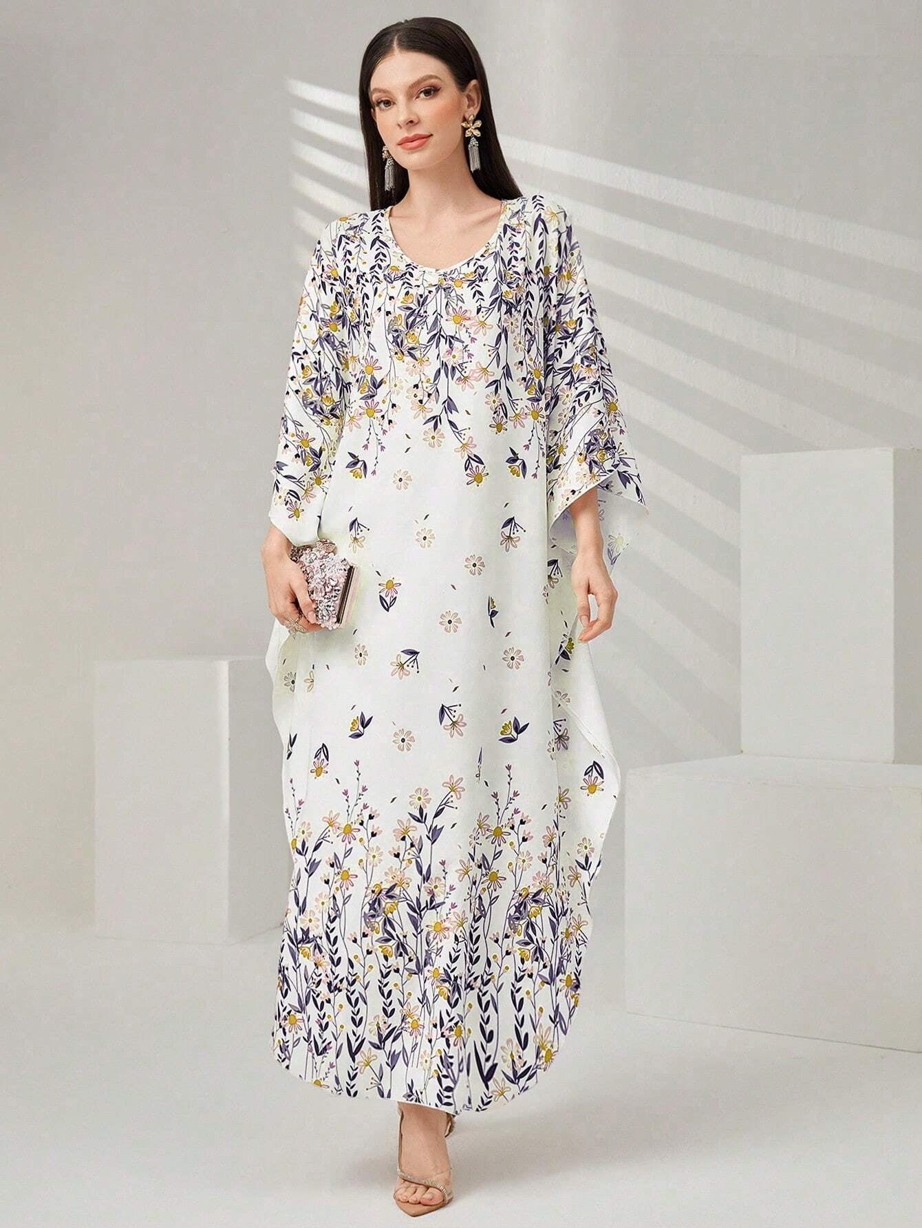 Najma Women'S Floral Print Batwing Sleeve Turkish Long Shirt