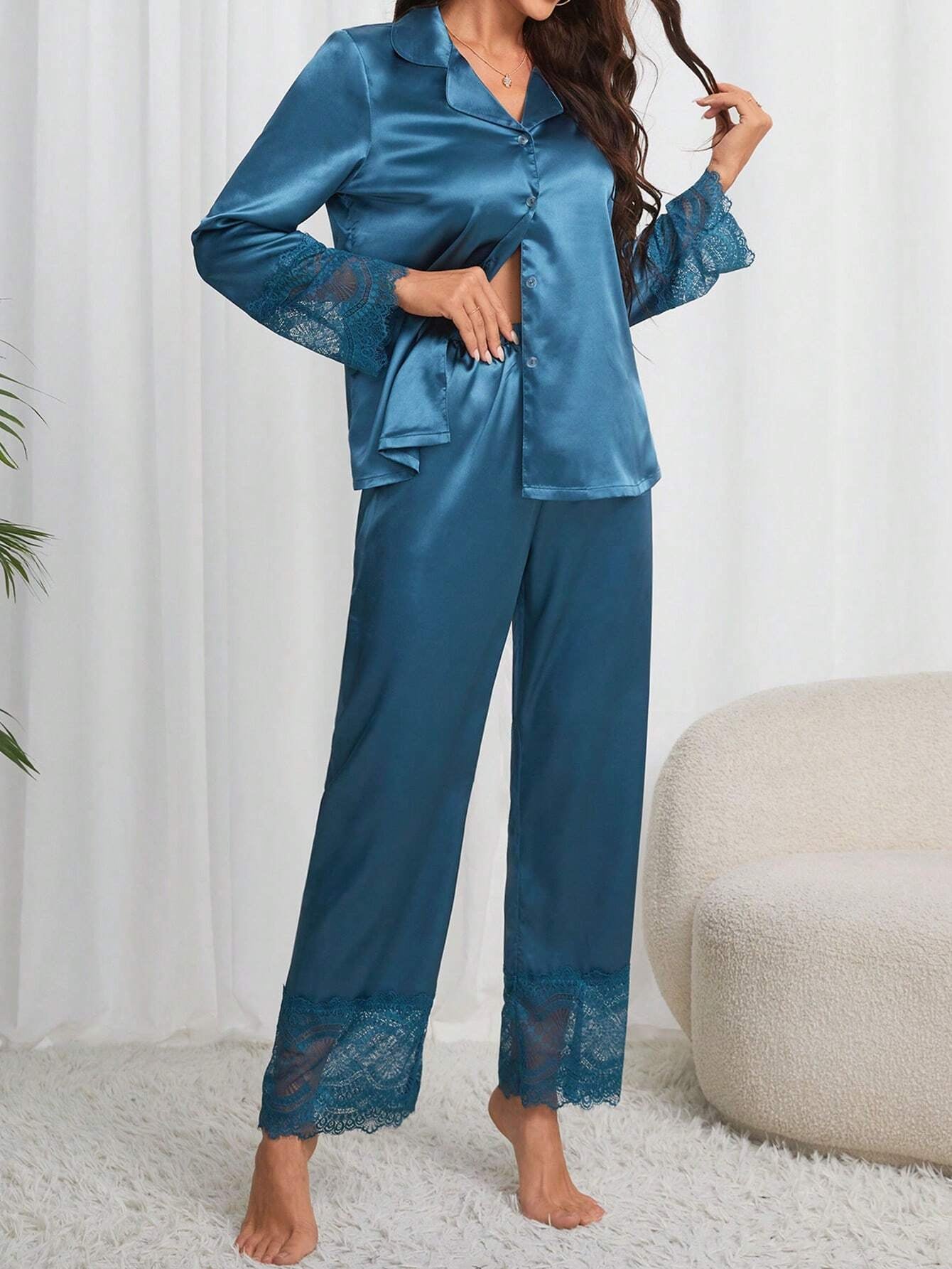 Women'S Teal Lace Paneling Long Sleeve Pants Pajama Set