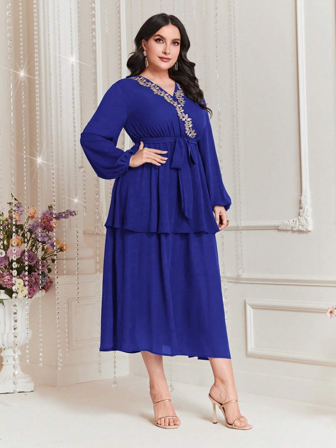 Modely plus Size Embroidered Decor Lantern Sleeve Dress