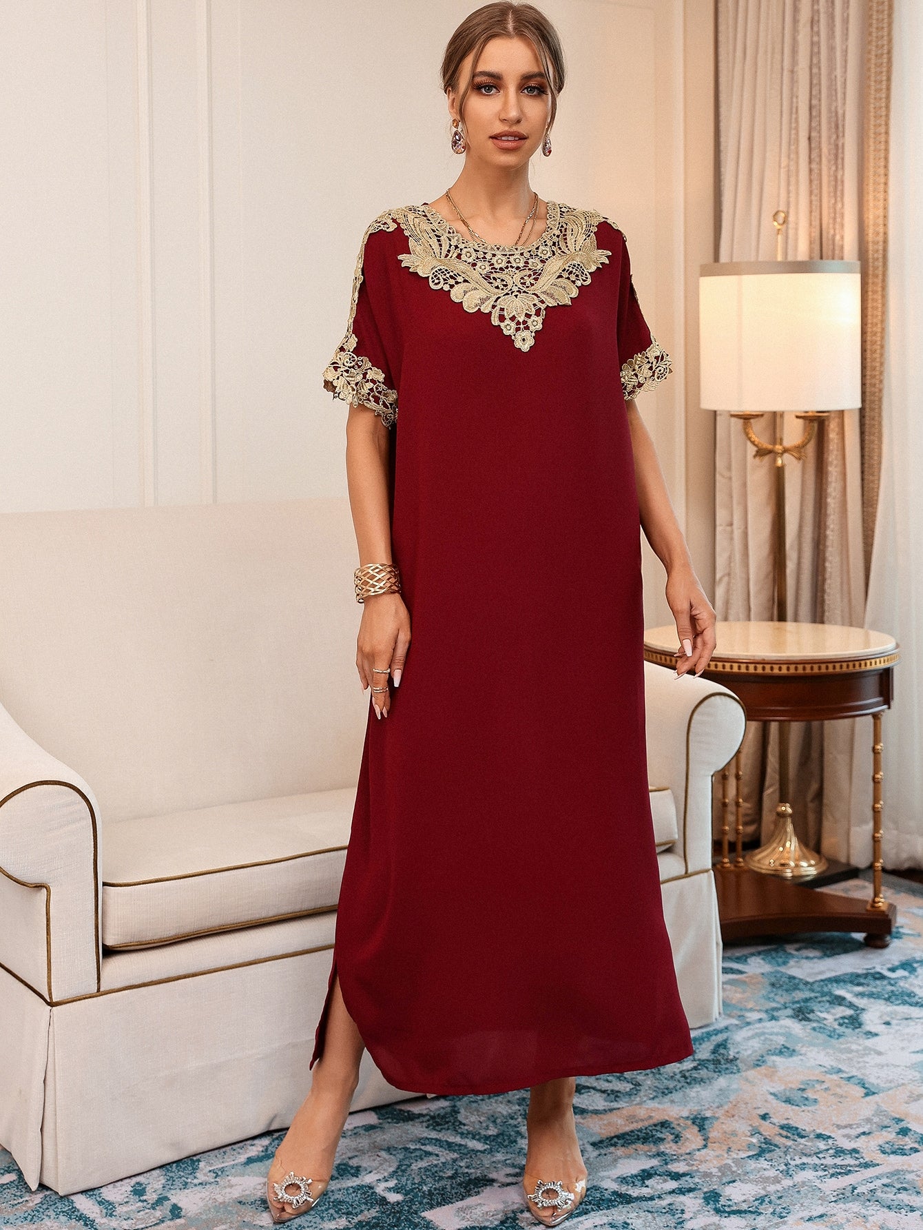 Najma Floral Appliques Split Hem Kaftan