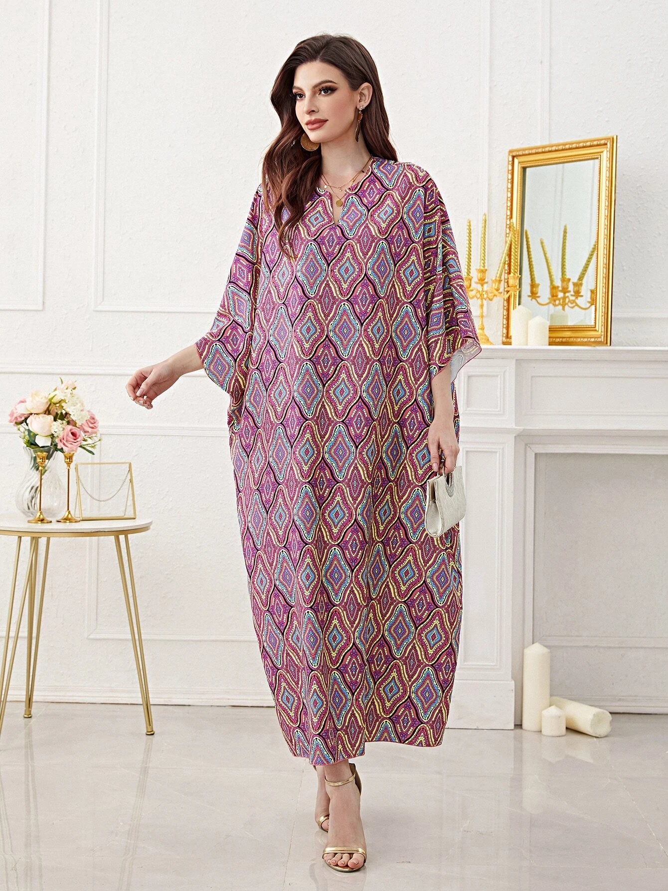 Najma Women'S Loose Turkish Long Shirt with Geometric Pattern