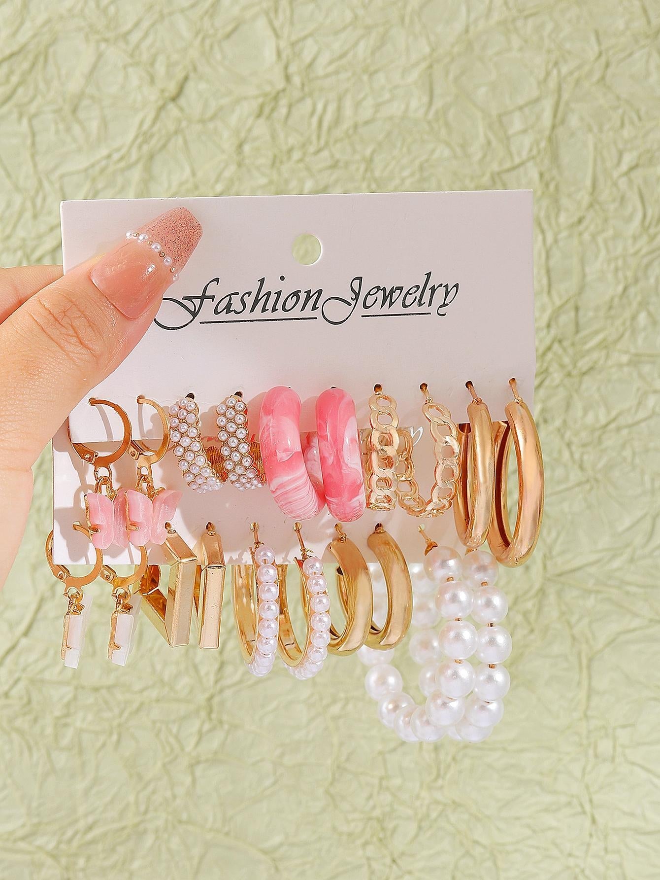 10Pairs European and American Style Faux Pearl Butterfly & Geometric Shape Earrings Set for Women, Trendy Vintage Chic Circular Pendant Dangle Earrings