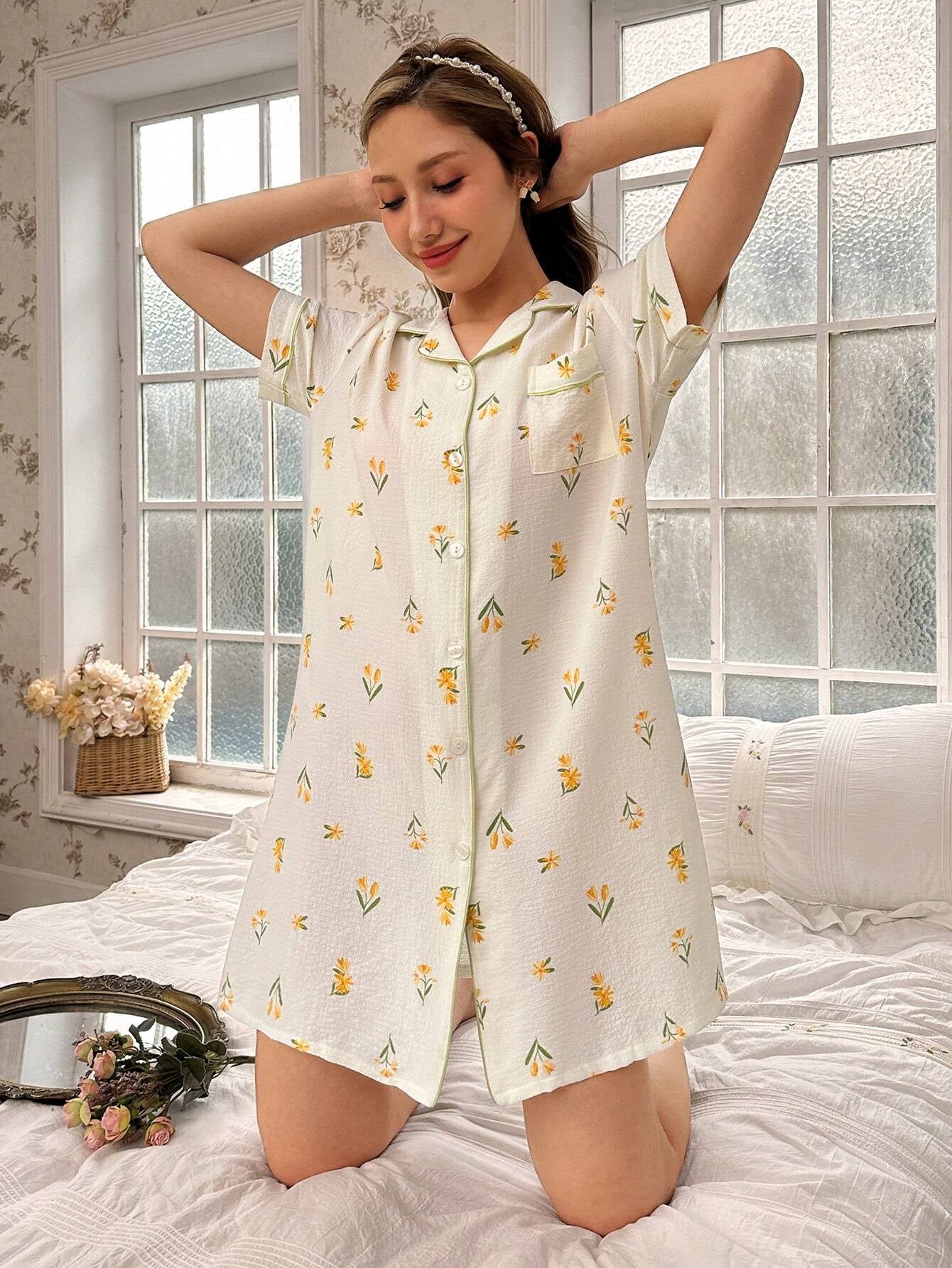 Cottageslumber Color-Block Printed Luxury Collar Night Dress with Turn-Down Collar