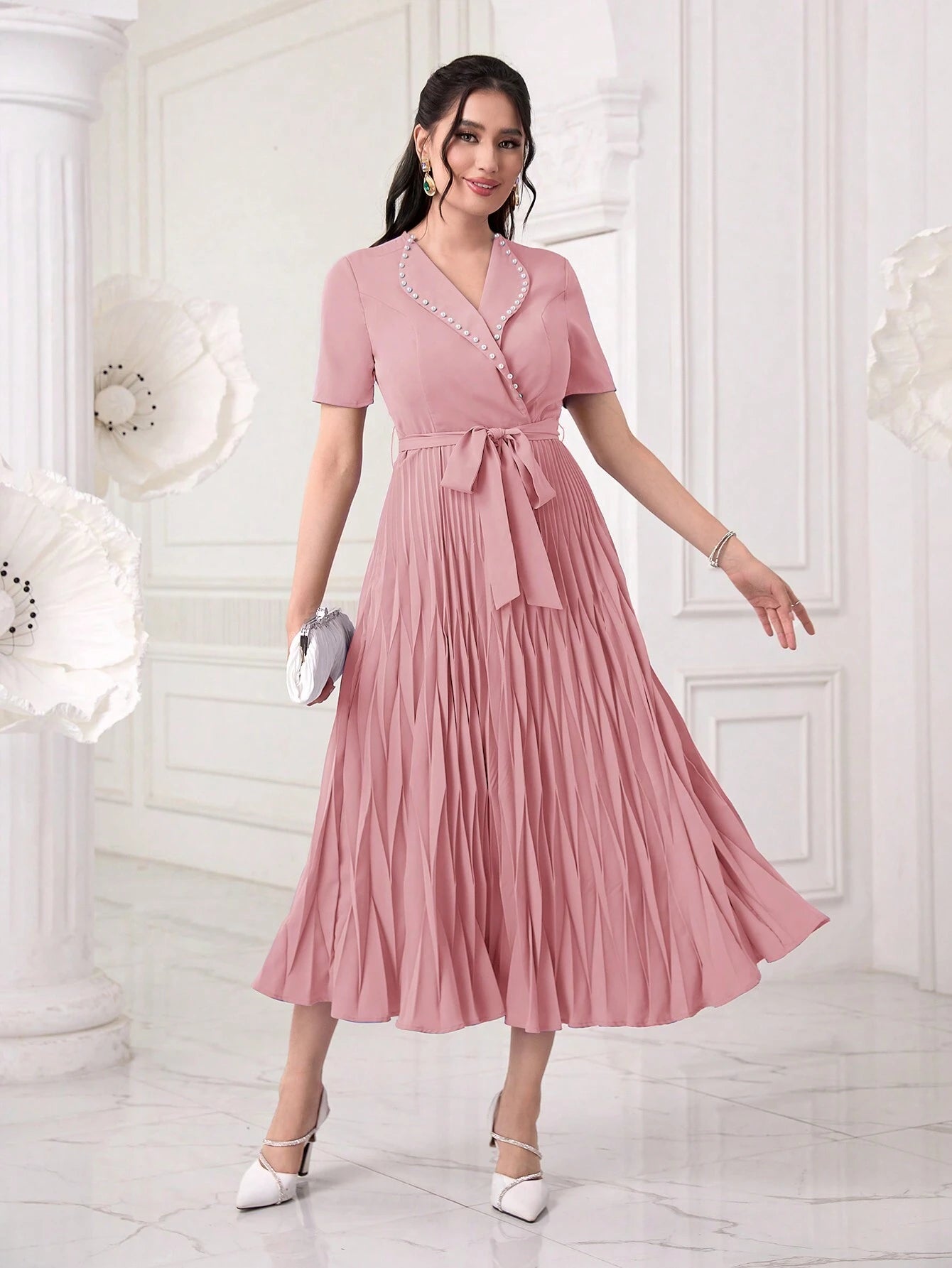 Modely Pearls Beaded Detail Belted Pleated Hem Dress