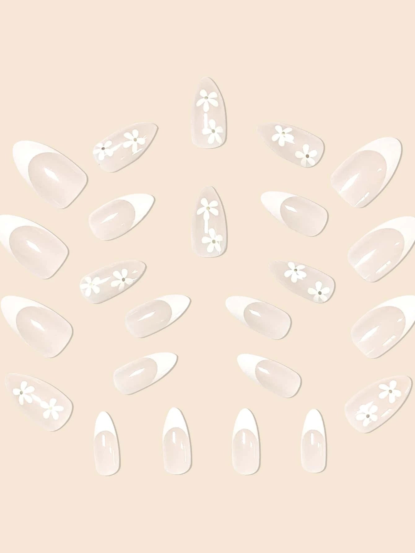 24Pcs False Nails in Waterdrop Shape, Black French Manicure with Small Flowers & Pointy Almond Shape +Jelly Glue + Nail File