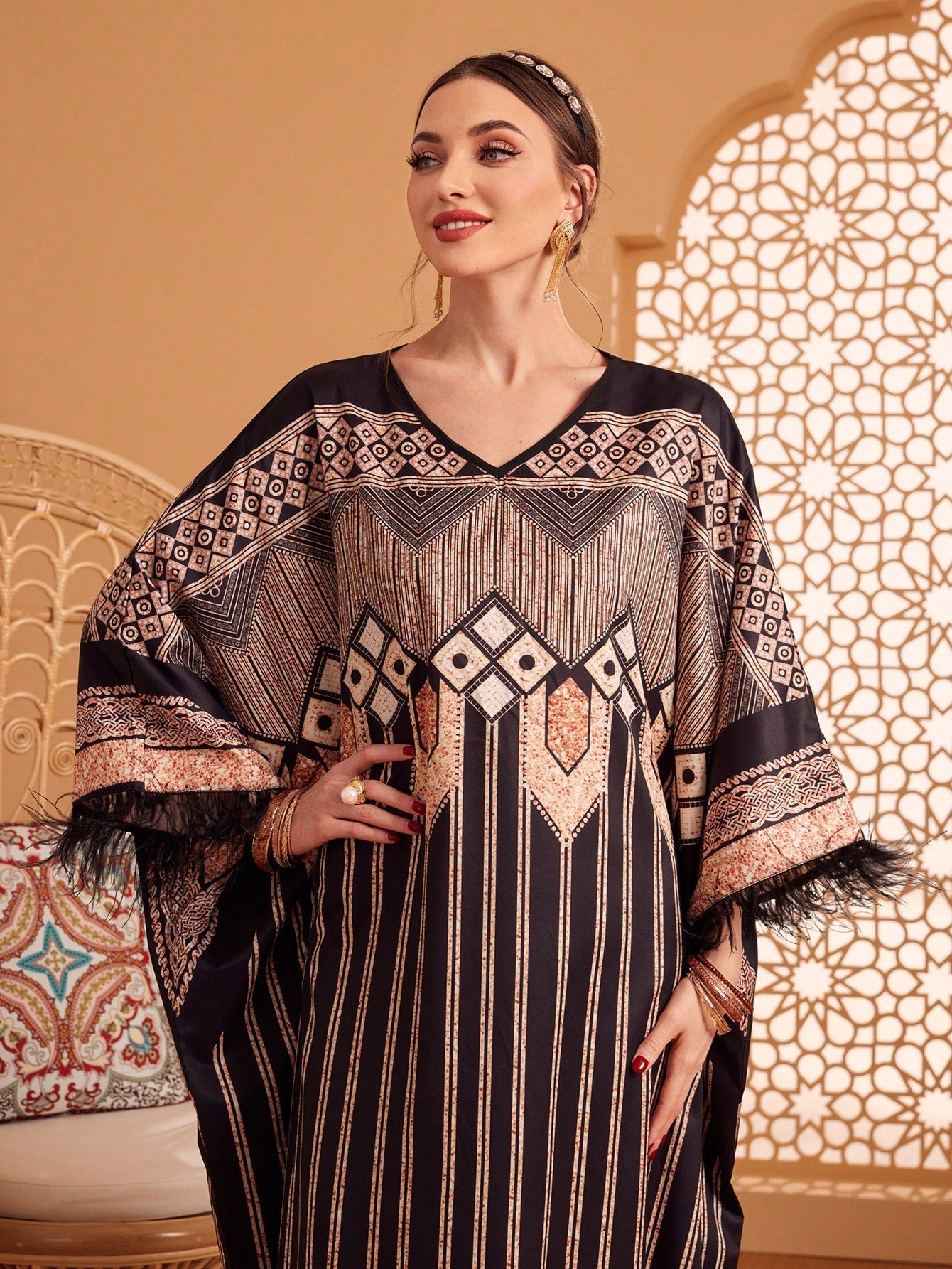 Najma Women'S Geometric Printed Fringed Turkish Kaftan