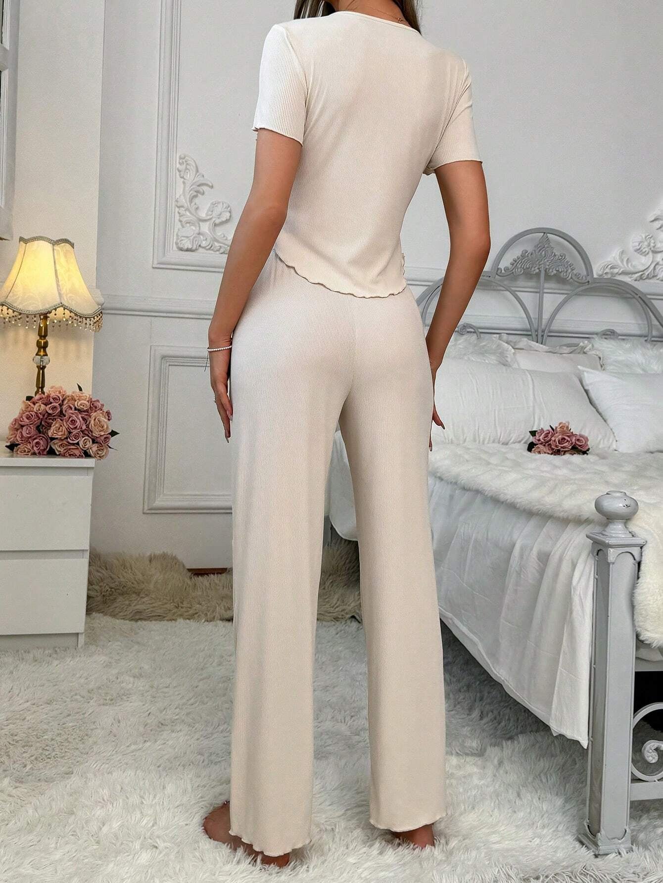 Women'S Casual Short Sleeve round Neck Pants Homewear Set