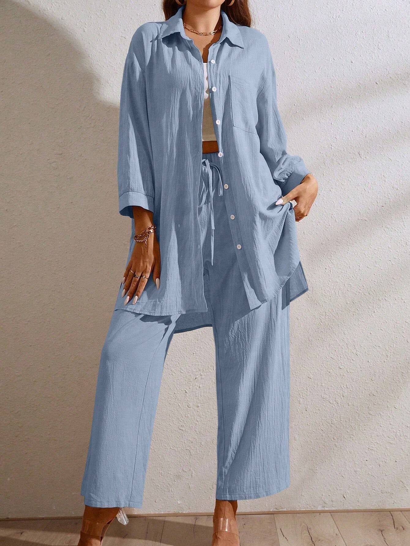 LUNE Women'S Long Drop Shoulder Shirt and Wide Leg Pants Set