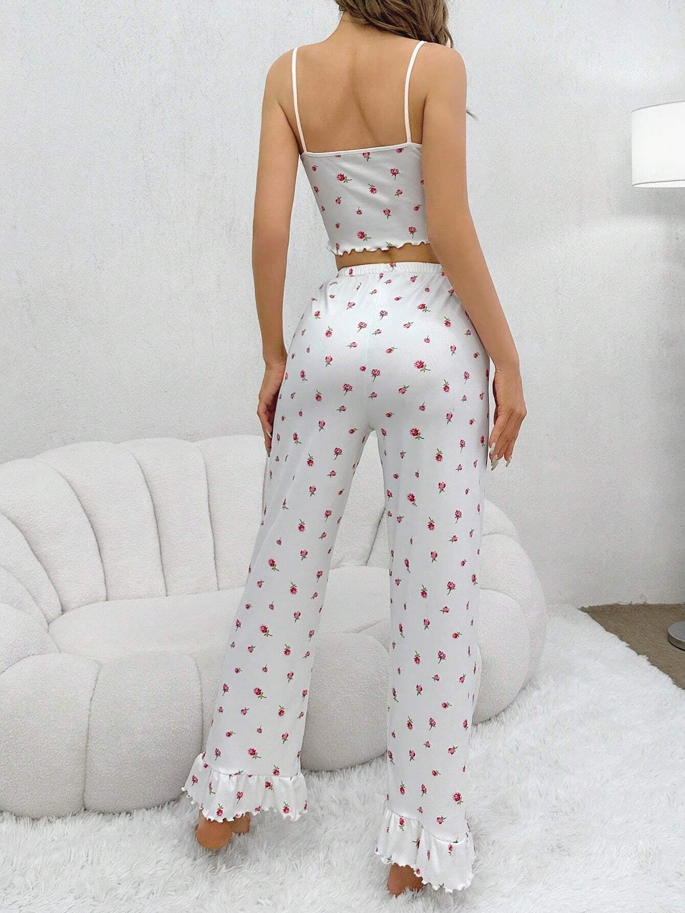Frilled Edge Floral Print Cami & Long Pants Pajamas Set