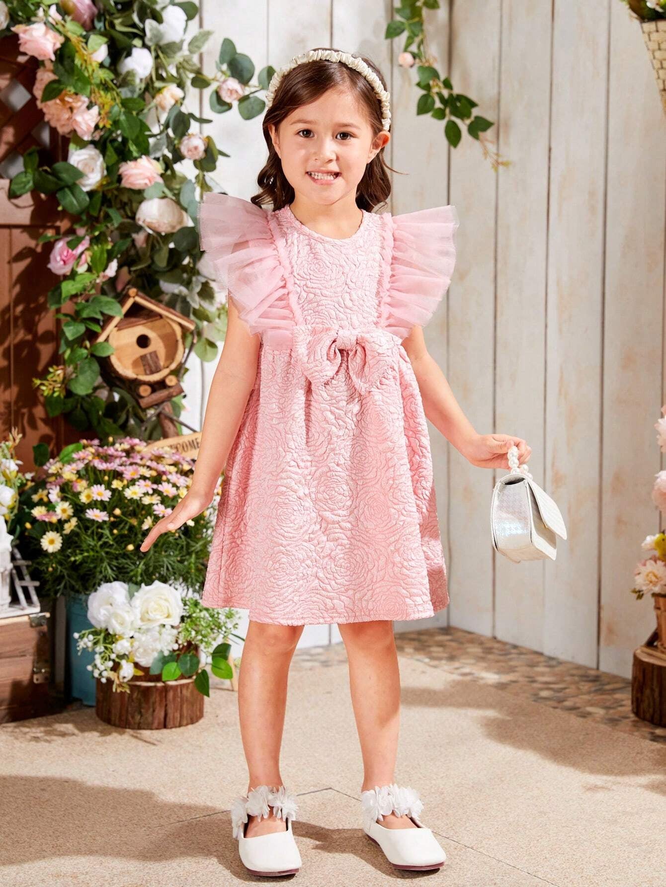 Young Girl'S Woven Jacquard round Neck Slim Fit Holiday Dress with Mesh Insert