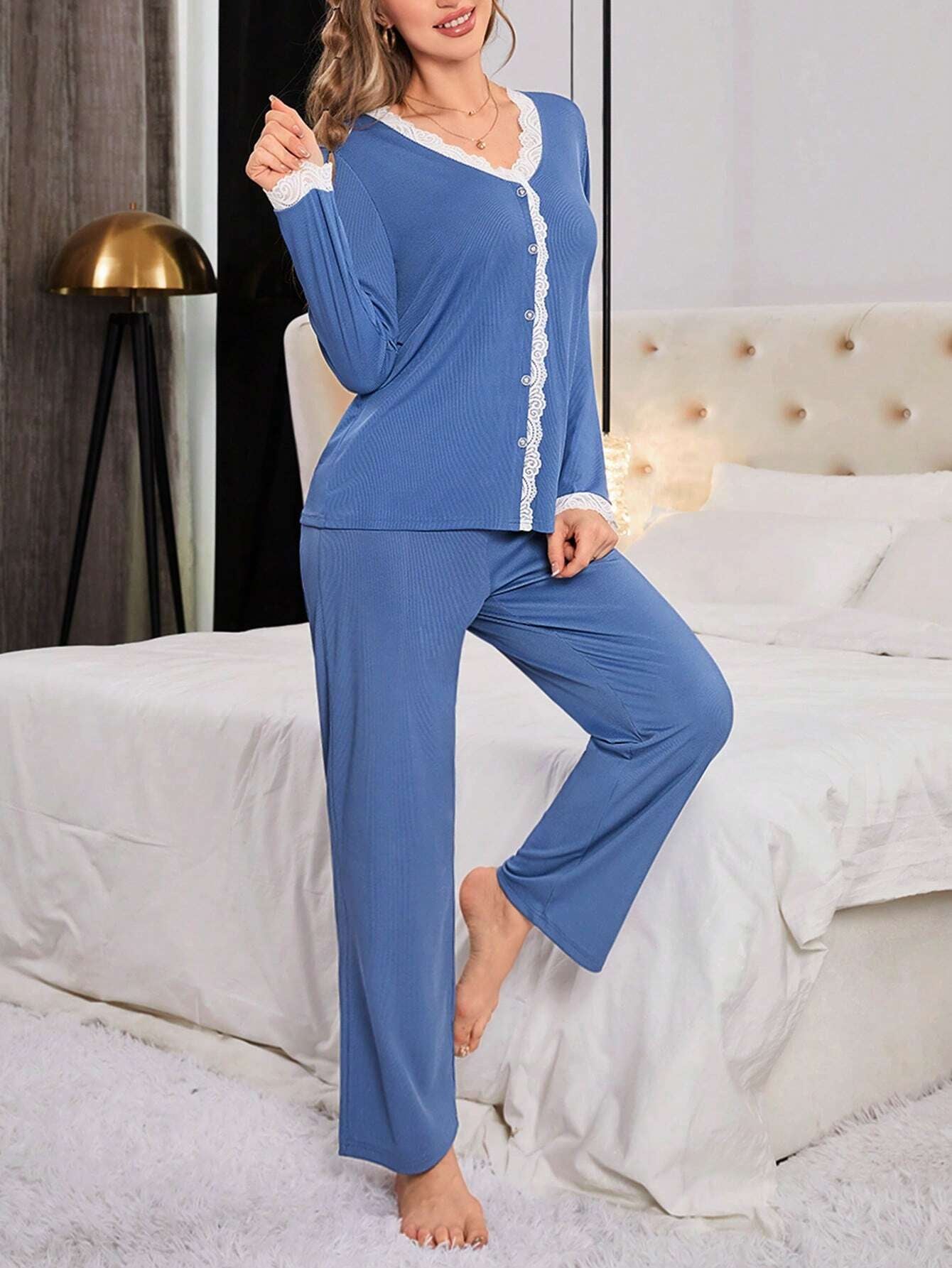 Women'S Color Block Lace Stitching Pajama Set