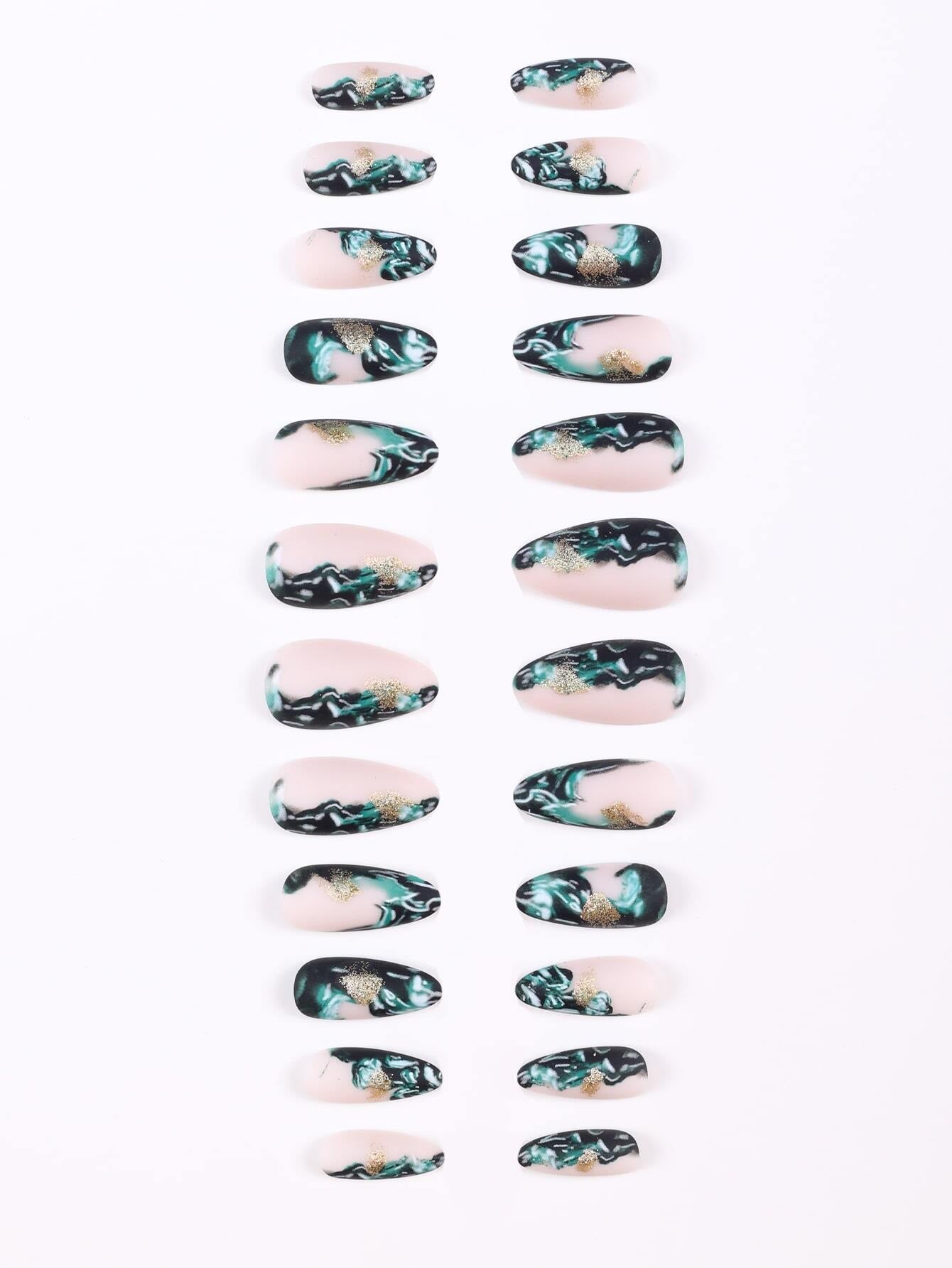 24Pcs/Set Ink Painting Style Almond Shape Fake Nails with Green & Gold Foil Design, Comes with 1 Jelly Glue and 1 Nail File