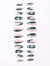 Galaxy Gradient Sparkling Powder Medium Almond Shape False Nails Set(24Pcs)+1Pc Jelly Glue+1Pc Nail File