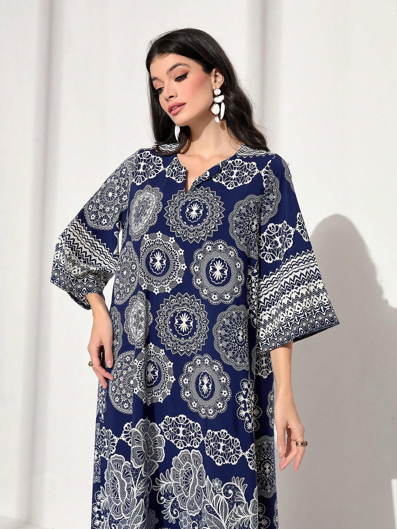 Najma Floral Print Notched Neckline Kaftan