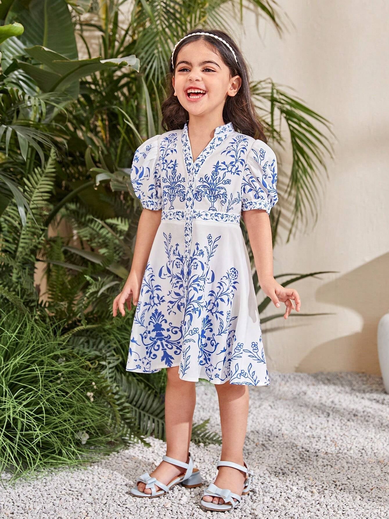 Young Girls' Floral Print Notch Collar Casual Holiday Dress