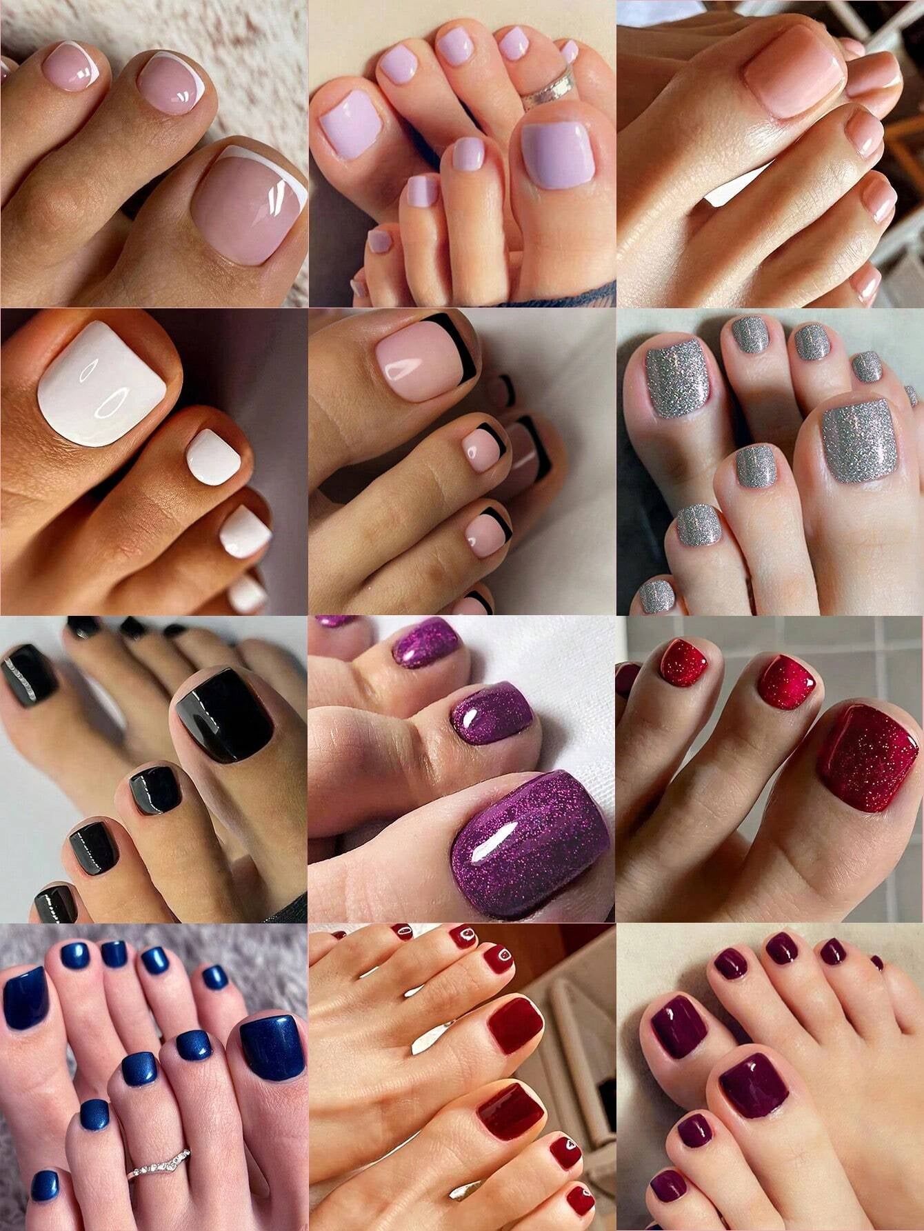 96Pcs(Black French/White French/Flower/French) Short Square Press on Toenails Designed Press on Toenails Full Cover, 4 Glossy False Toenails for Feet, French Design Fake Toenails for Summer Nail Art Set for Women and Girls with Re-Usable Storage Box