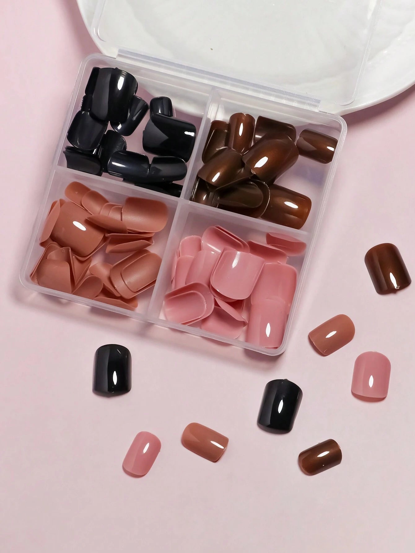 4 Colors (96 Pcs) Square Shape Press Nails Medium Size False Nails Brown Series Fake Nails Acrylic Faux Gloss Design Nails Full Coverage Nails for Women and Girls as Gifts