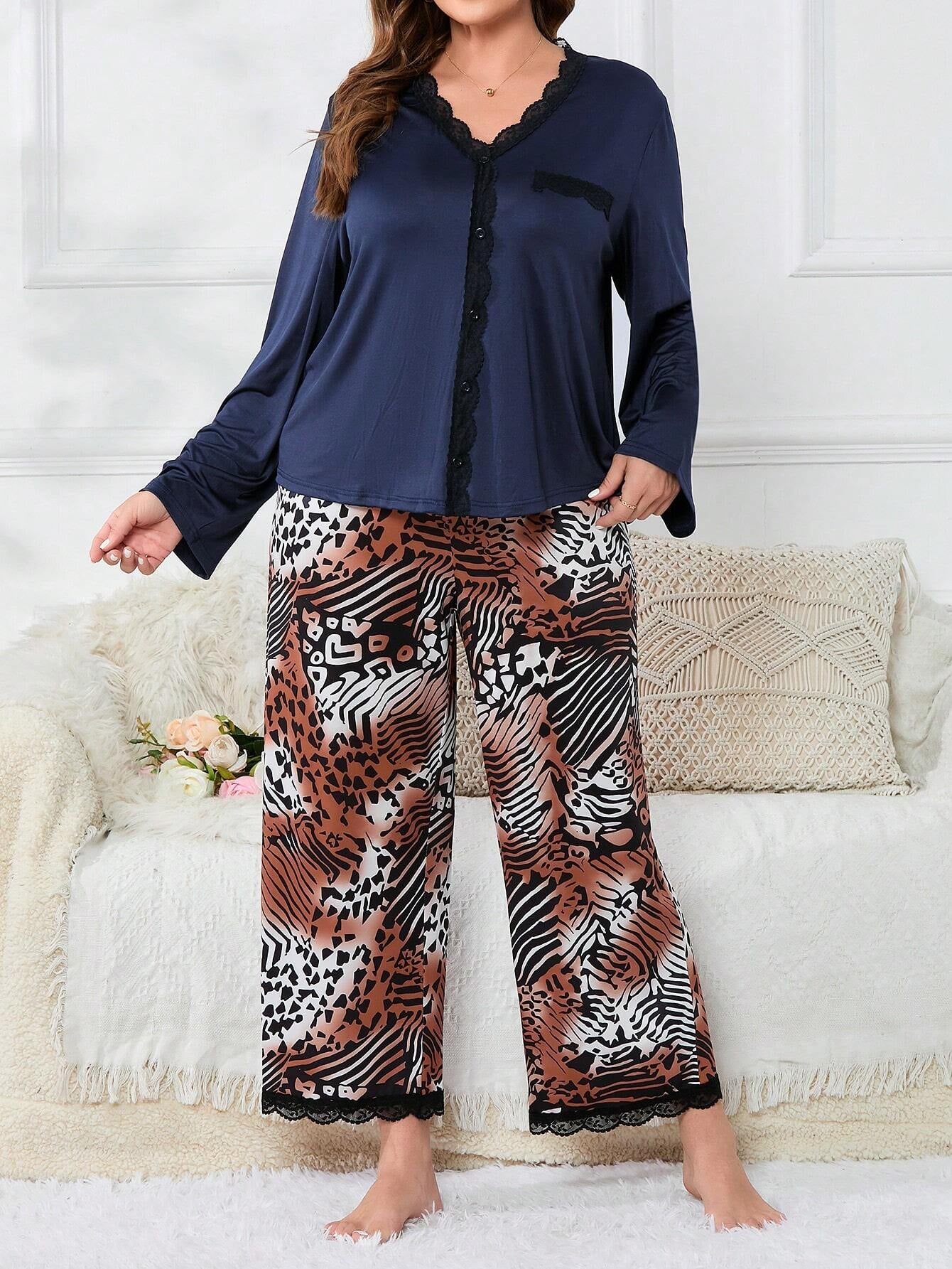 Plus Patchwork Print Contrast Lace PJ Set