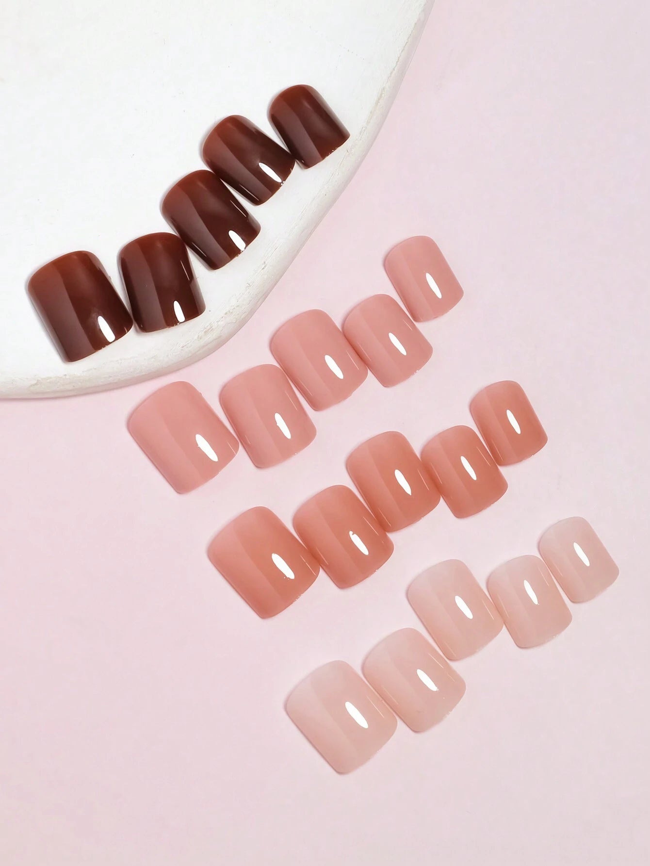 96Pcs(4Different Colors) Brown/Nude Solid Glossy Wearable Nail Art Lovely Short Square Fake Nails Detachable Finished False Nails Press on Nails as Gifts for Women and Girls with Storage Box