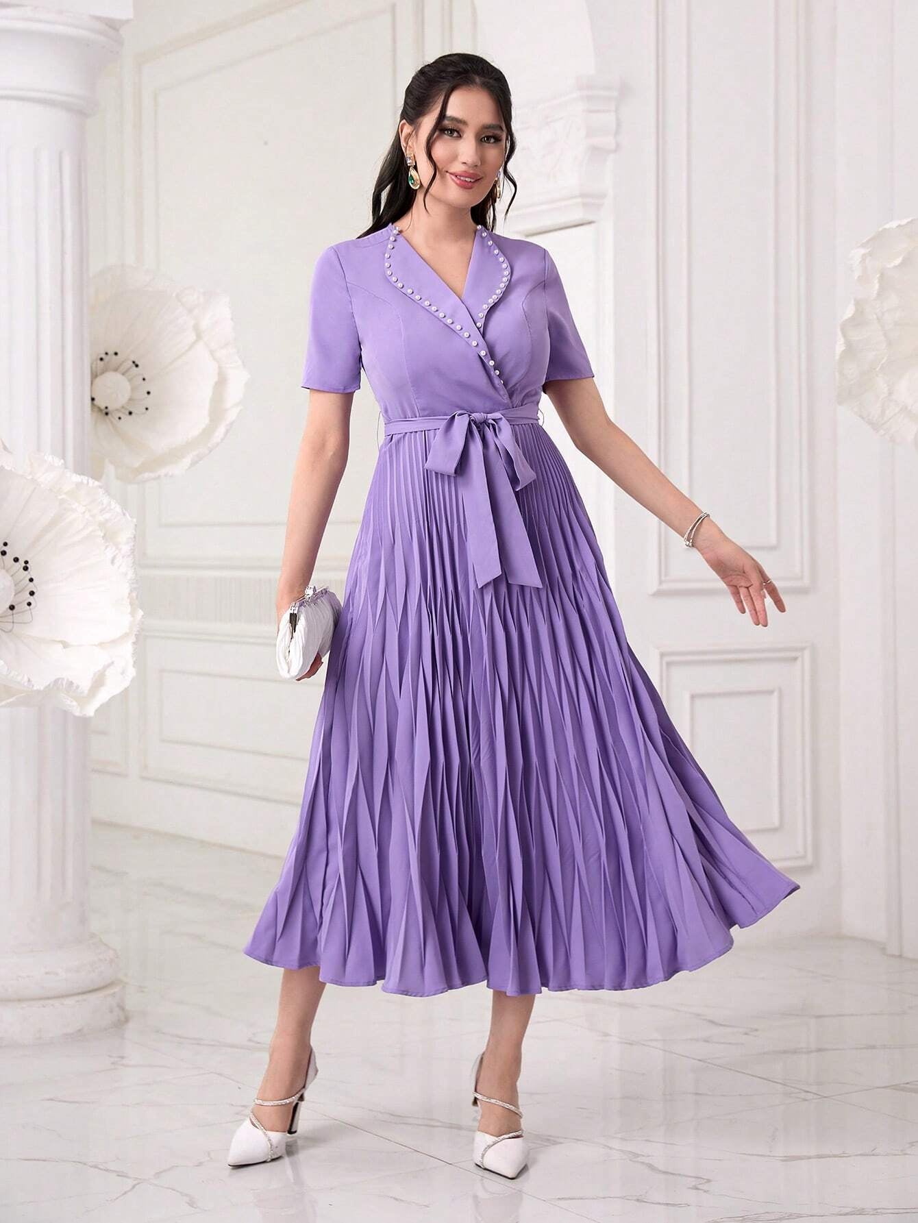 Modely Pearls Beaded Detail Belted Pleated Hem Dress