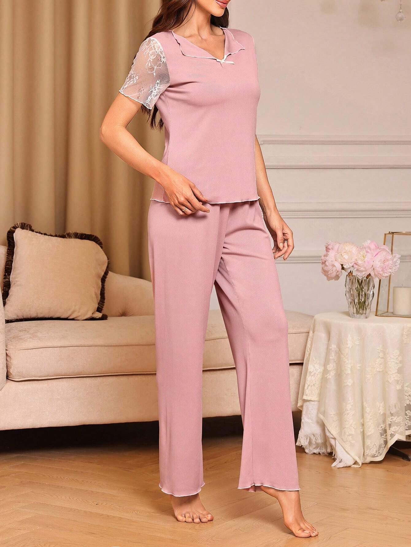 Women'S Solid Color Simple Daily Short Sleeve and Long Pants Pajama Set