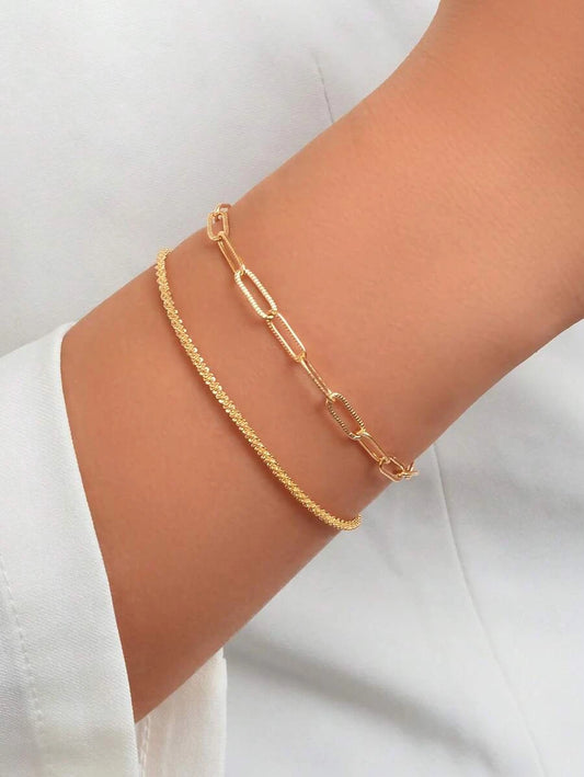 SHEIN مجموعة سوار 2 قطعة سلسة باللون الذهبي