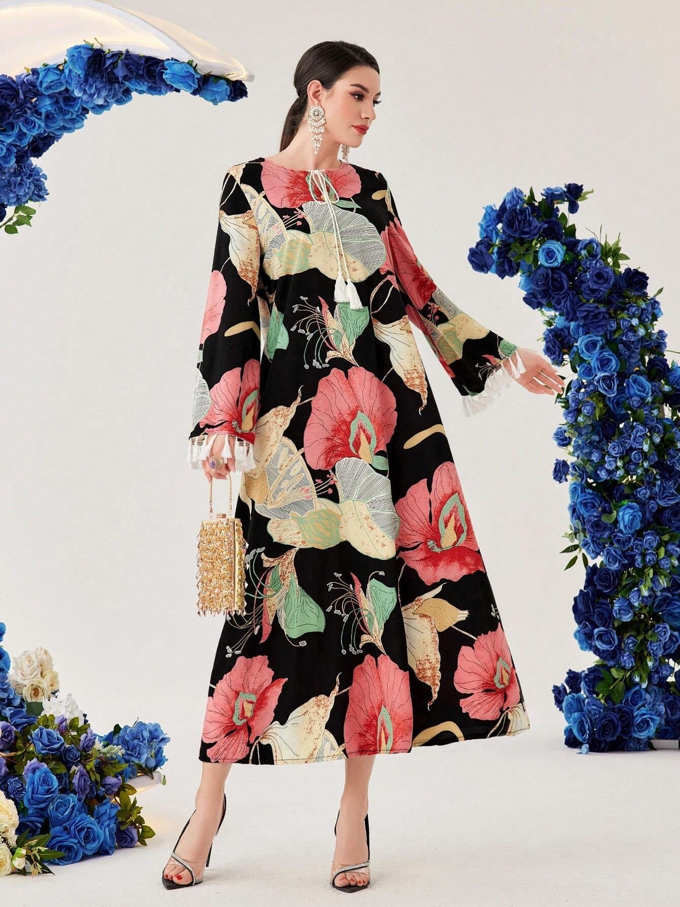 Najma Women'S Ginkgo Leaf Print Patchwork Tassel Bell Sleeve Arabic Dress