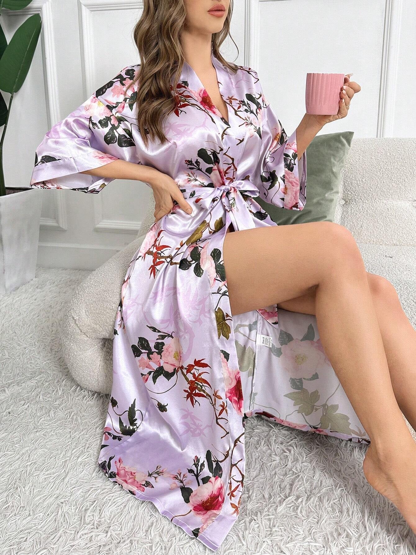 Floral Print Belted Satin Robe