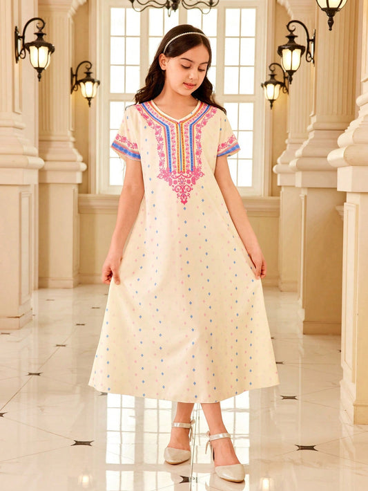 Tween Girls' Elegant Long Printed Dress