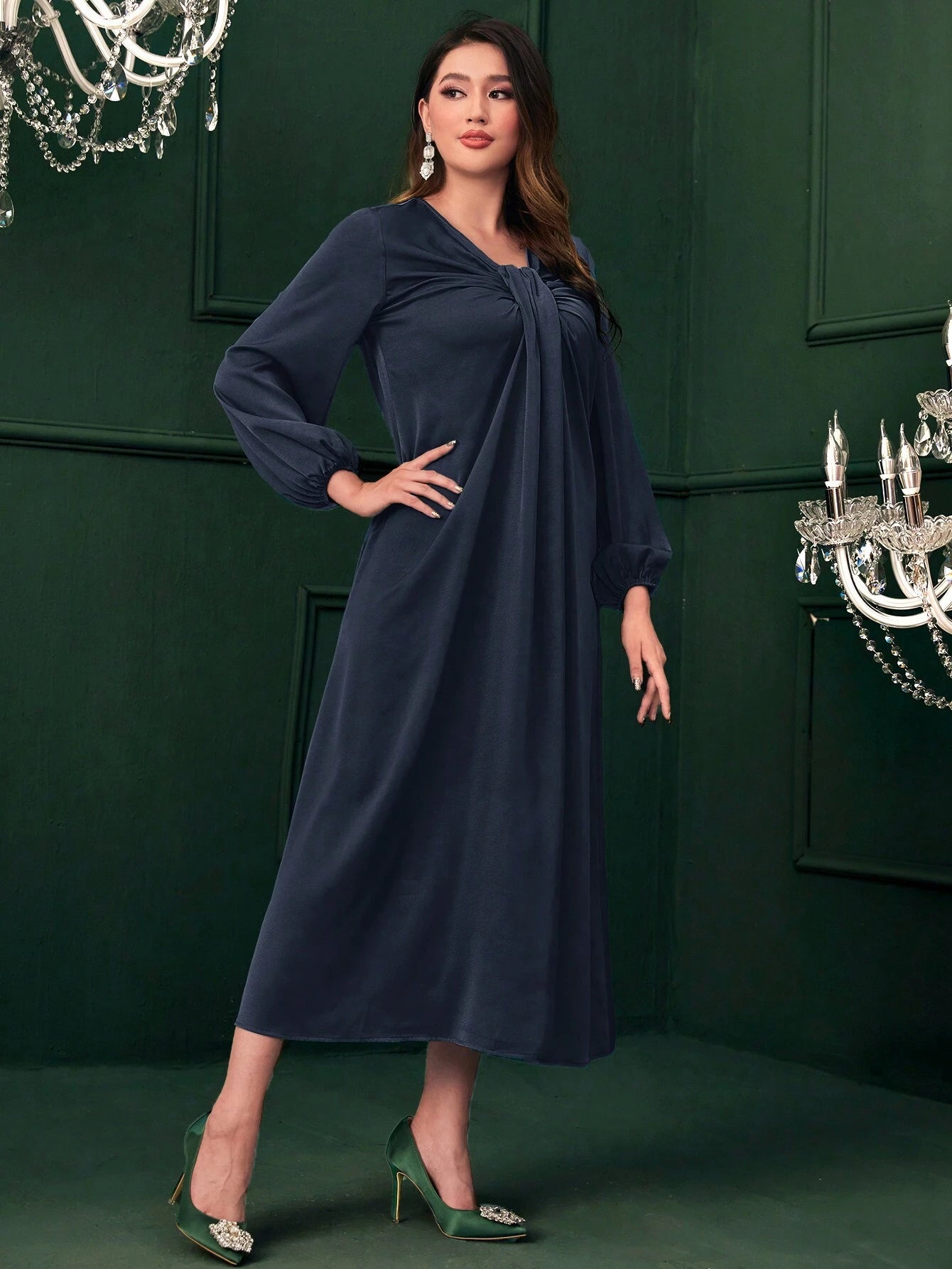 Mulvari Ruched Front Lantern Sleeve Dress