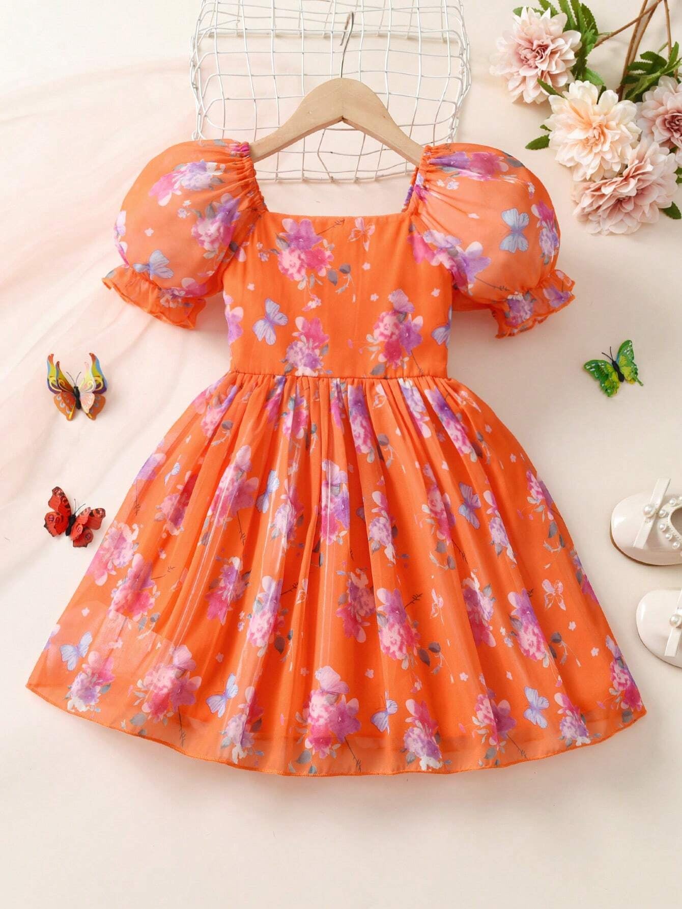 Young Girl'S Floral Printed Puff Sleeve Dress