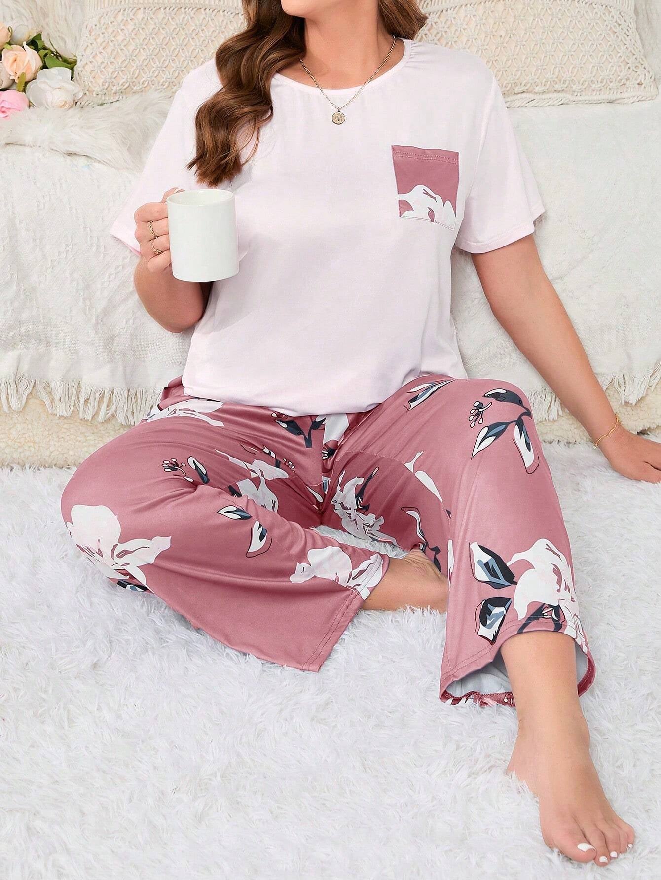 Plus Size Flower Print Pajama Set