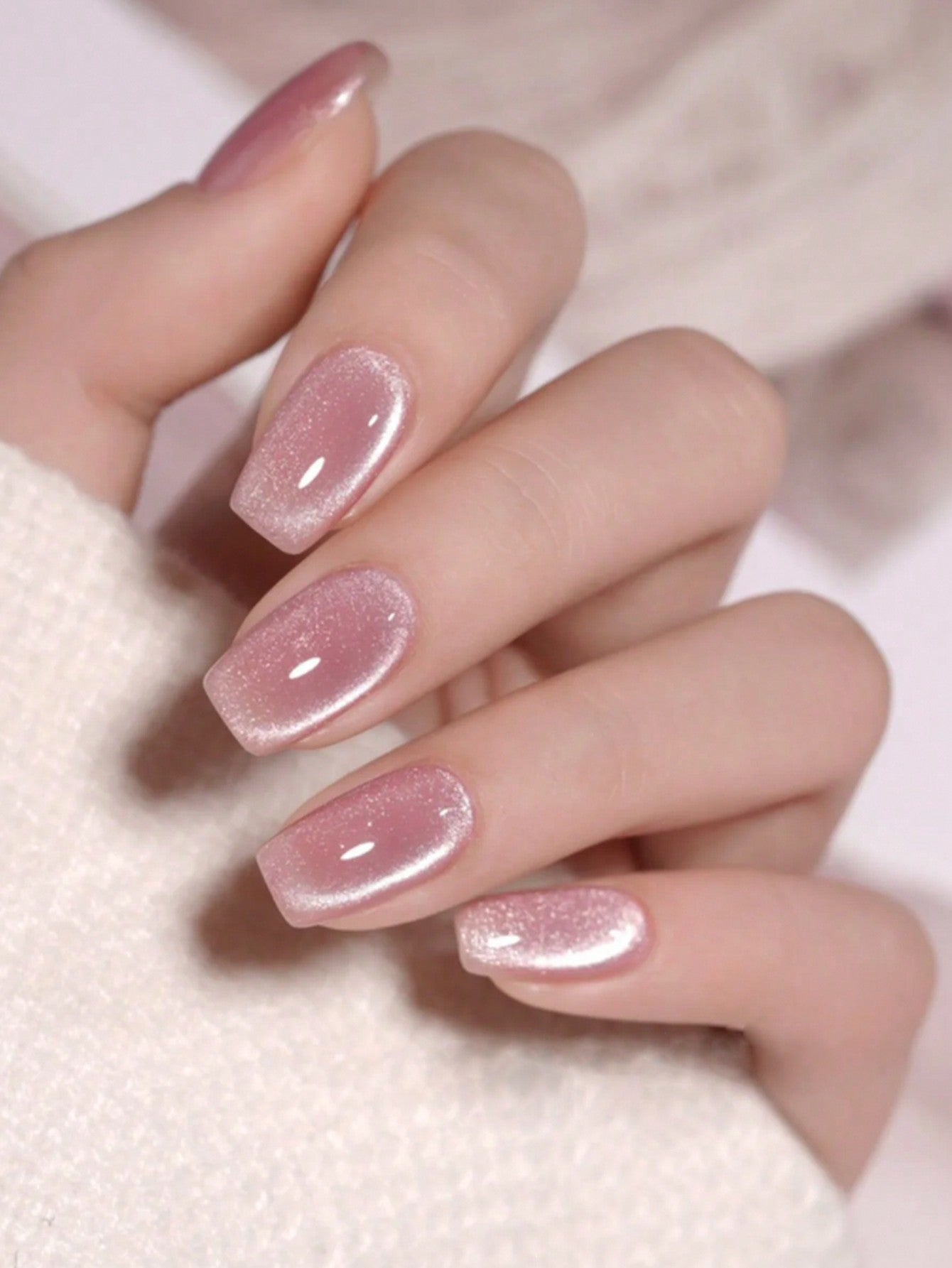 24Pcs Pink Resin Stone Cat Eye Effect Full Cover Acrylic Press on False Nails Square Shaped Sparkle Design for Women'S Party Daily Wear