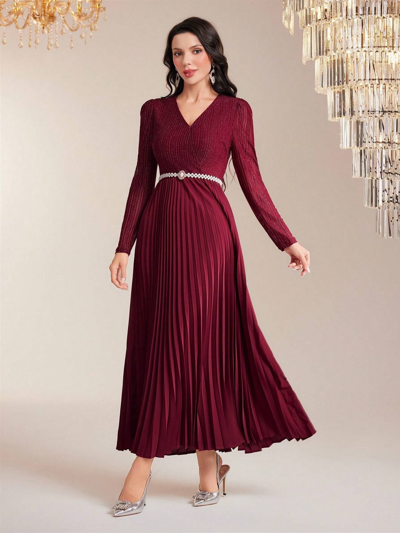 Modely Surplice Neck Pleated Hem Dress with Belt