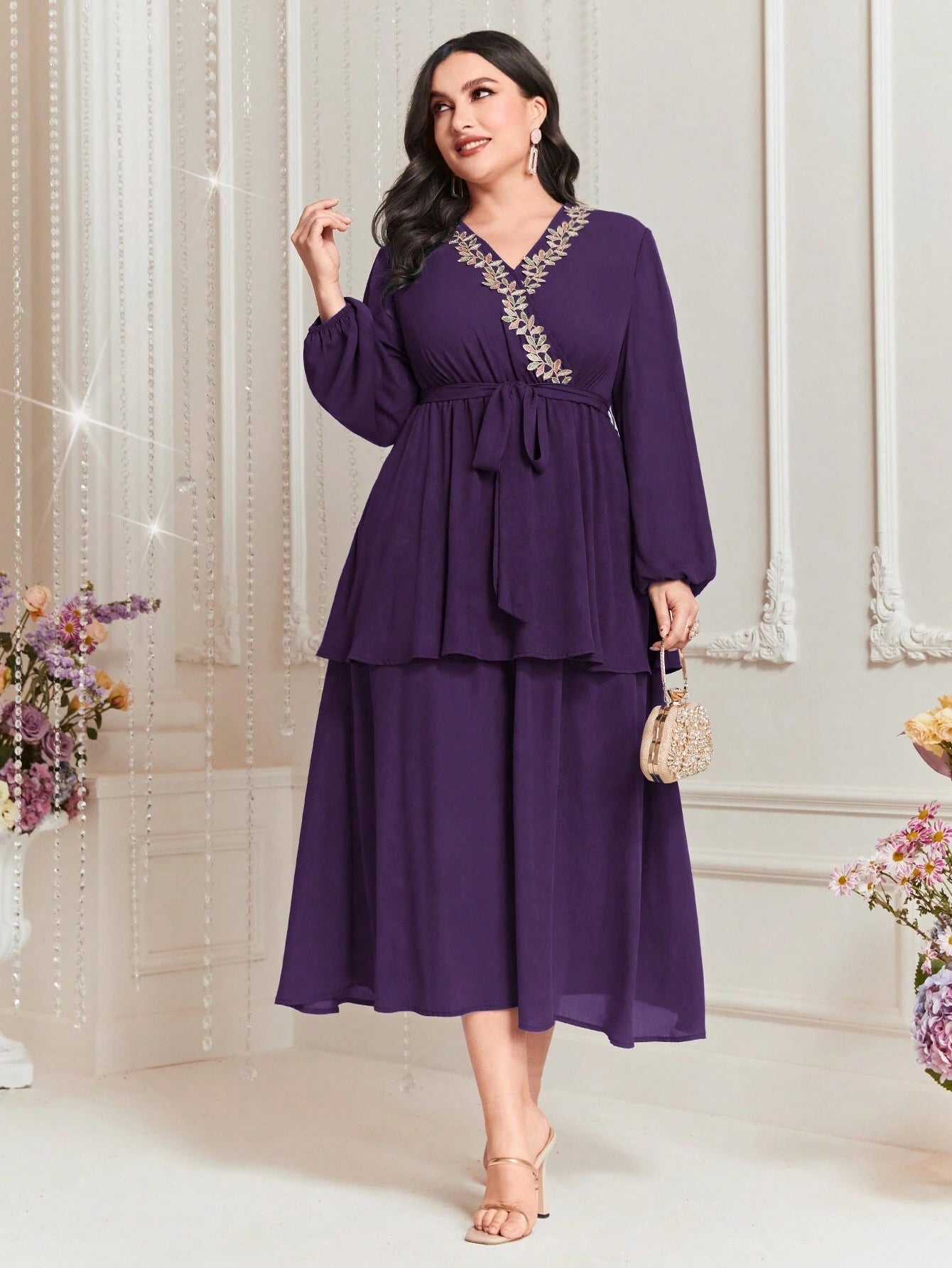 Modely plus Size Embroidered Decor Lantern Sleeve Dress